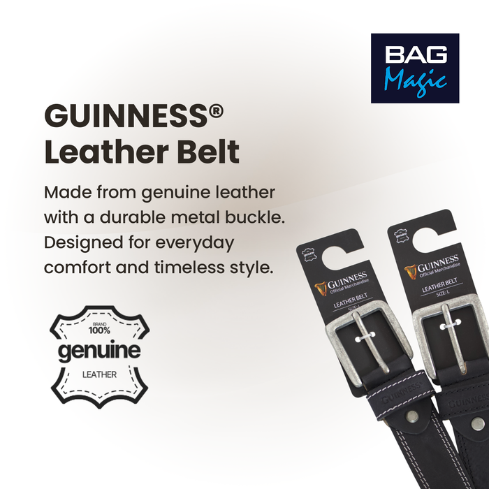 Official Guinness Genuine Black Leather Belt for Men, Full Grain Premium Leather