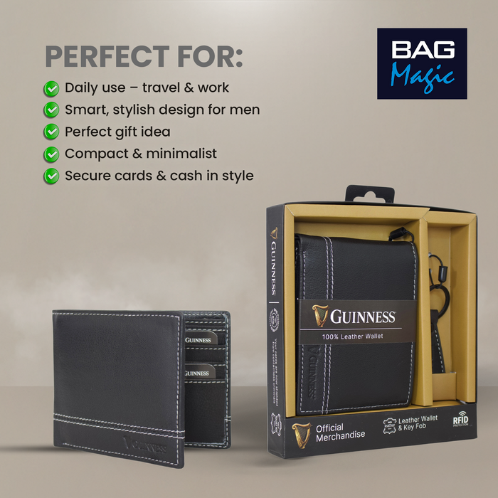 Guinness® Black Leather Wallet & Key Fob Gift Set– RFID Blocking, Bi-Fold Wallet