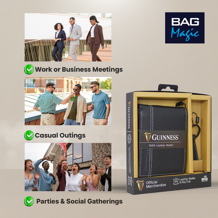 Guinness® Black Leather Wallet & Key Fob Gift Set– RFID Blocking, Bi-Fold Wallet