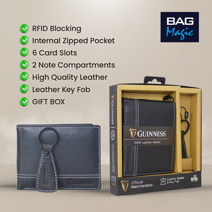 Guinness® Black Leather Wallet & Key Fob Gift Set– RFID Blocking, Bi-Fold Wallet