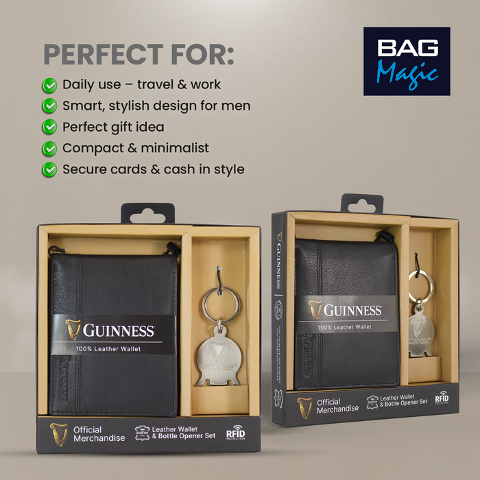 Guinness Leather Wallet Gift Set RFID Secure + Keyring Bottle Opener Boxed