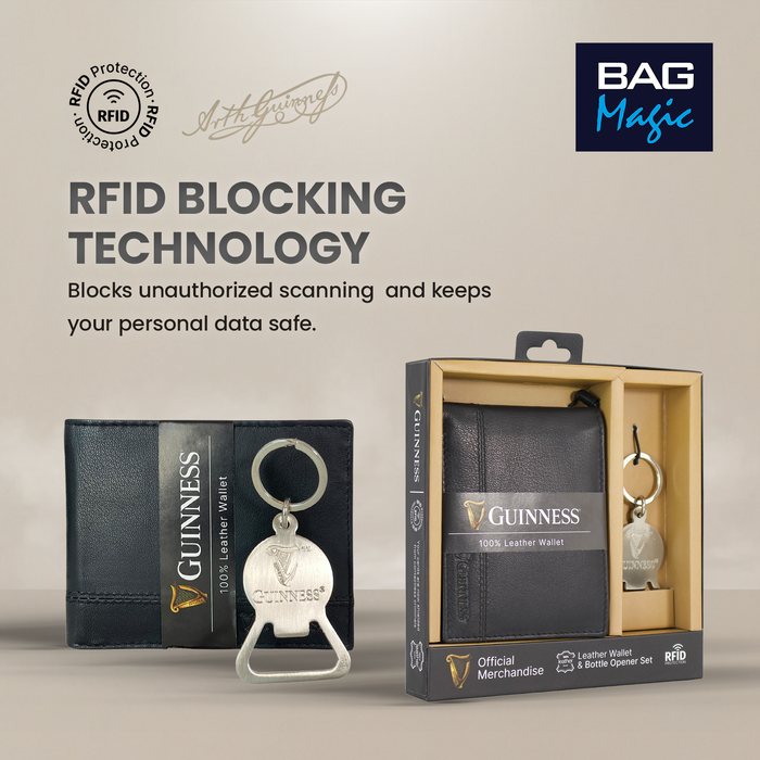 Guinness Leather Wallet Gift Set RFID Secure + Keyring Bottle Opener Boxed
