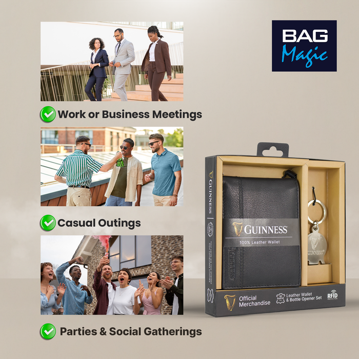 Guinness Leather Wallet Gift Set RFID Secure + Keyring Bottle Opener Boxed
