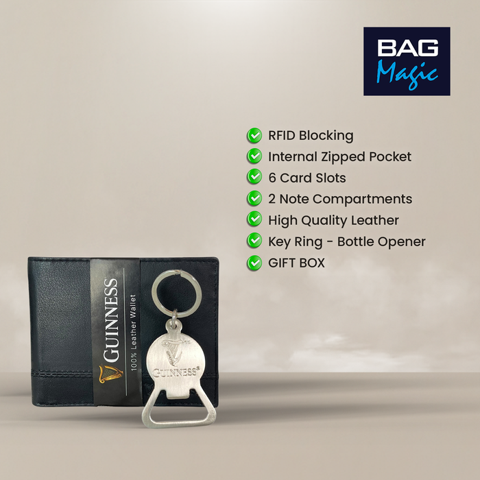 Guinness Leather Wallet Gift Set RFID Secure + Keyring Bottle Opener Boxed