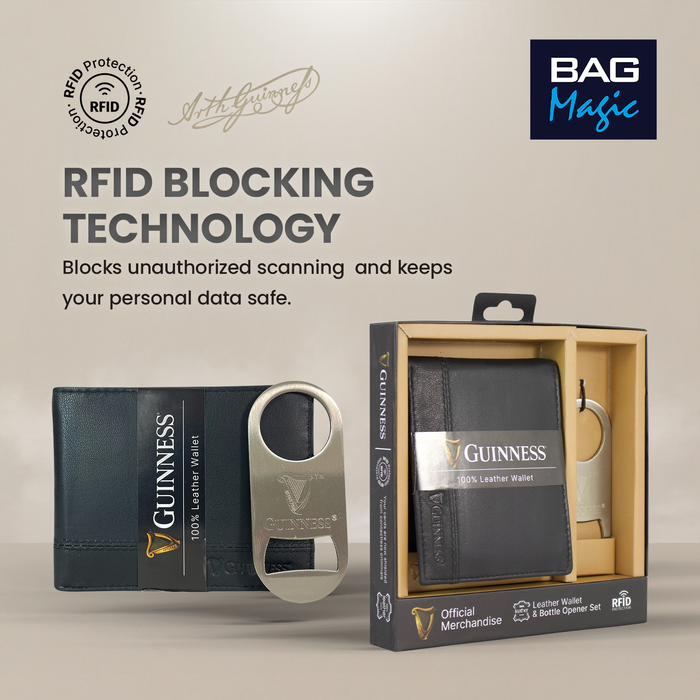 Guinness Leather Wallet Gift Set RFID Secure + Bottle Opener Official UK