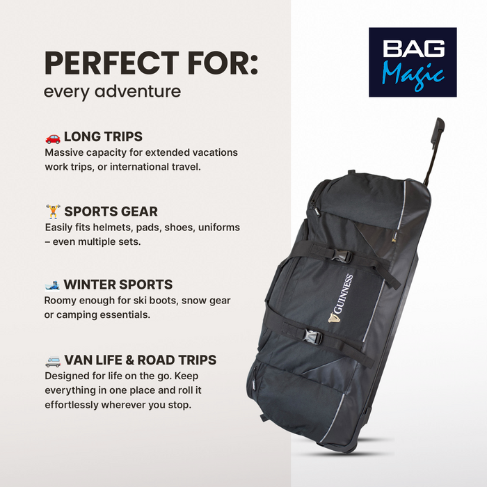 Guinness Large Wheeled Holdall 80cm - 3-Wheeled Travel Duffel Bag with Extendable Handle
