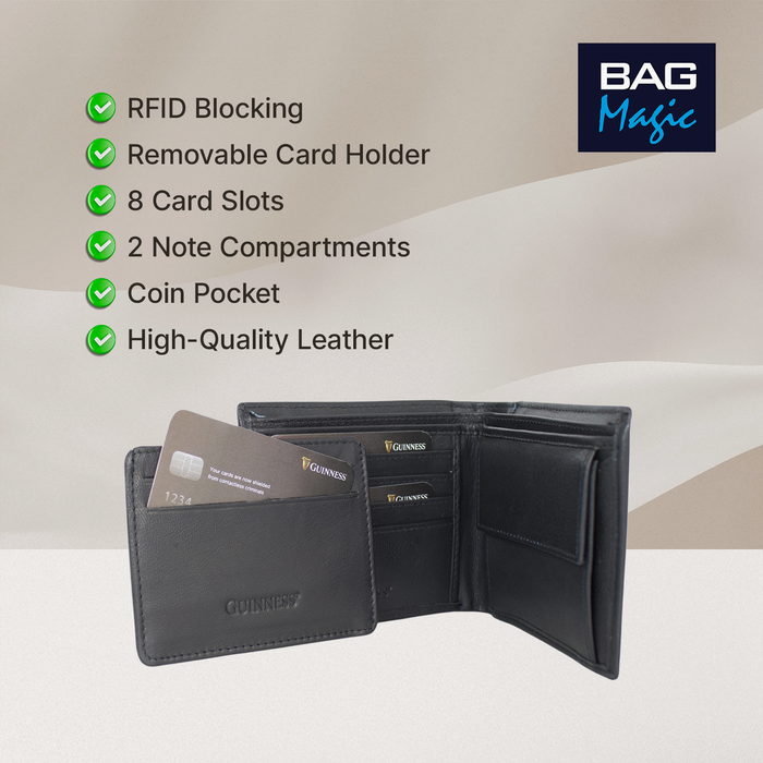 Guinness® Black Leather Wallet with Coin Pocket – RFID Blocking Bifold Wallet