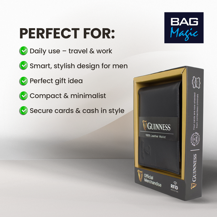 Guinness® Black Leather Wallet with Coin Pocket – RFID Blocking Bifold Wallet