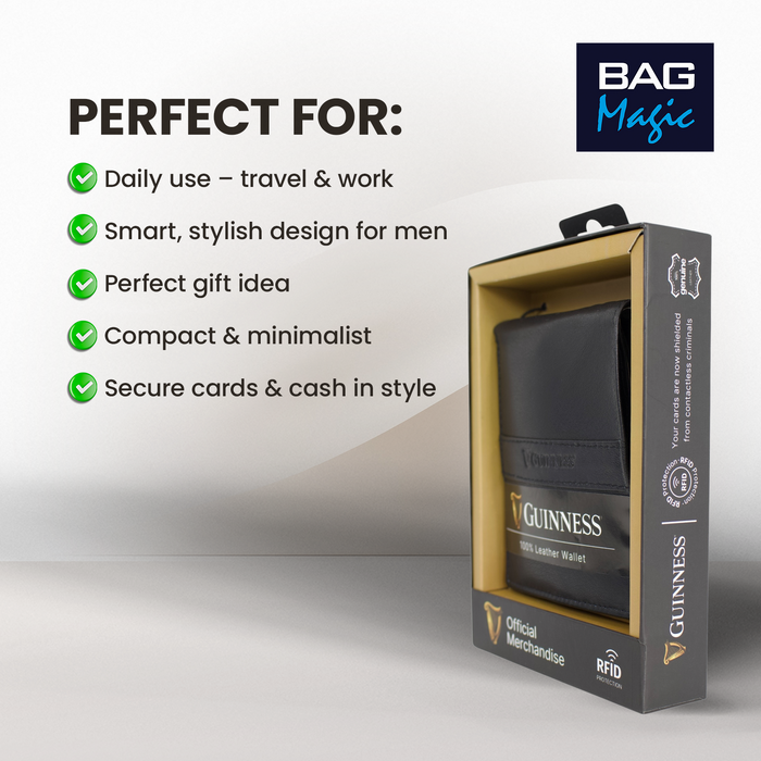 Guinness® Black Leather Wallet with Zipped Coin Pocket – RFID Blocking Wallet