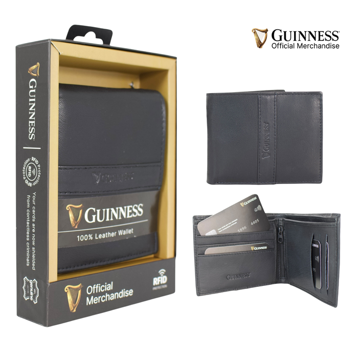 Guinness® Black Leather Wallet with Zipped Coin Pocket – RFID Blocking Wallet