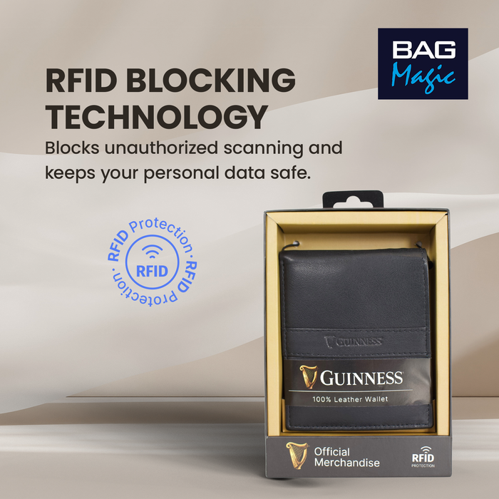 Guinness® Black Leather Wallet with Zipped Coin Pocket – RFID Blocking Wallet
