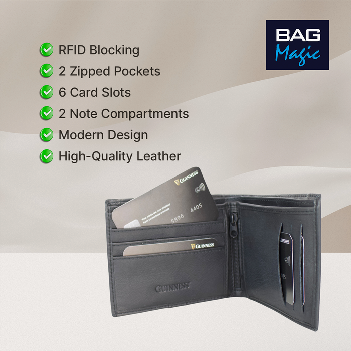 Guinness® Black Leather Wallet with Zipped Coin Pocket – RFID Blocking Wallet