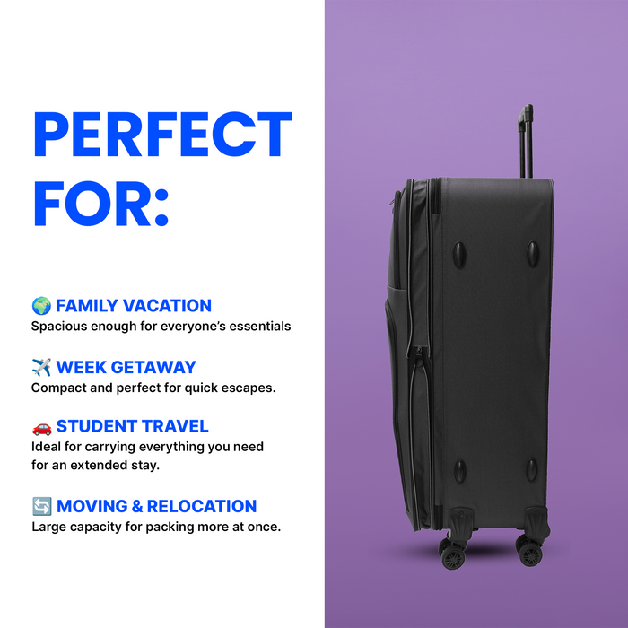 Lightweight Soft Shell Suitcase by Bordlite – 4 Spinner Wheels, Expandable with Combination Lock