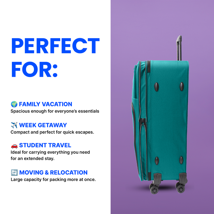 Lightweight Soft Shell Suitcase by Bordlite – 4 Spinner Wheels, Expandable with Combination Lock