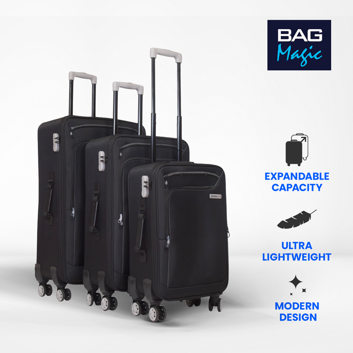 Bordlite Lightweight Soft Suitcase, 4x 360° Spinner Wheels + Combination Lock - Sizes 29, 25 & 20 Inch