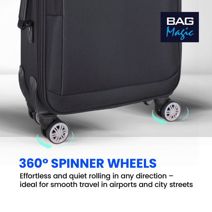 Bordlite Lightweight Soft Suitcase, 4x 360° Spinner Wheels + Combination Lock - Sizes 29, 25 & 20 Inch