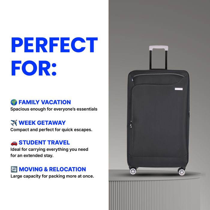 Bordlite Lightweight Soft Suitcase, 4x 360° Spinner Wheels + Combination Lock - Sizes 29, 25 & 20 Inch