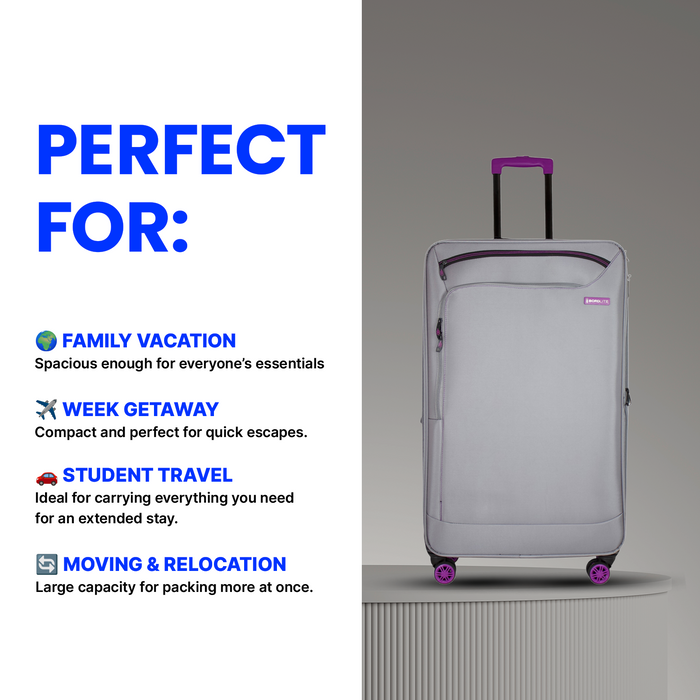 Bordlite Lightweight Soft Suitcase, 4x 360° Spinner Wheels + Combination Lock - Sizes 29, 25 & 20 Inch