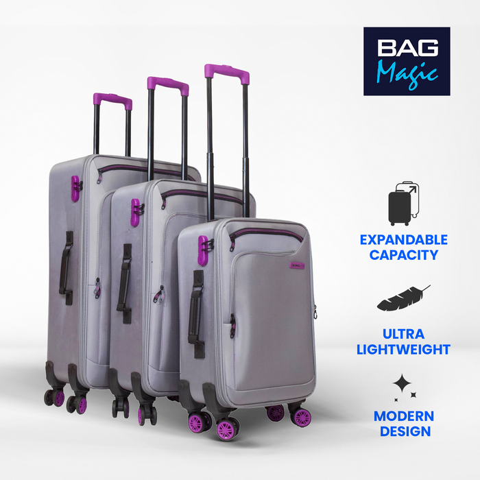 Bordlite Lightweight Soft Suitcase, 4x 360° Spinner Wheels + Combination Lock - Sizes 29, 25 & 20 Inch