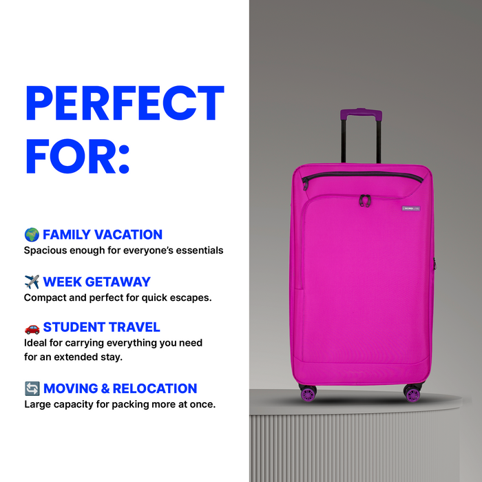 Bordlite Lightweight Soft Suitcase, 4x 360° Spinner Wheels + Combination Lock - Sizes 29, 25 & 20 Inch