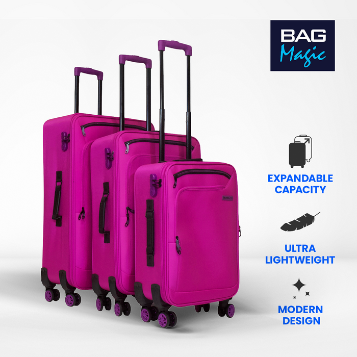 Bordlite Lightweight Soft Suitcase, 4x 360° Spinner Wheels + Combination Lock - Sizes 29, 25 & 20 Inch