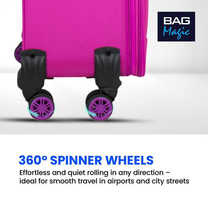 Bordlite Lightweight Soft Suitcase, 4x 360° Spinner Wheels + Combination Lock - Sizes 29, 25 & 20 Inch