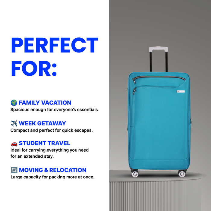 Bordlite Lightweight Soft Suitcase, 4x 360° Spinner Wheels + Combination Lock - Sizes 29, 25 & 20 Inch