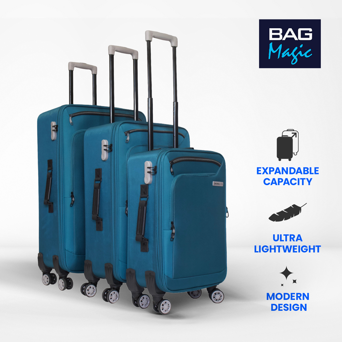Bordlite Lightweight Soft Suitcase, 4x 360° Spinner Wheels + Combination Lock - Sizes 29, 25 & 20 Inch