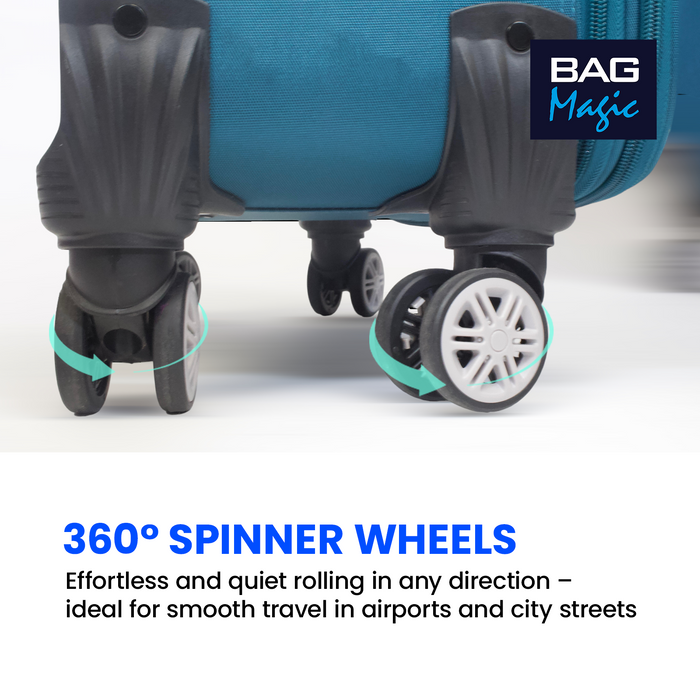 Bordlite Lightweight Soft Suitcase, 4x 360° Spinner Wheels + Combination Lock - Sizes 29, 25 & 20 Inch