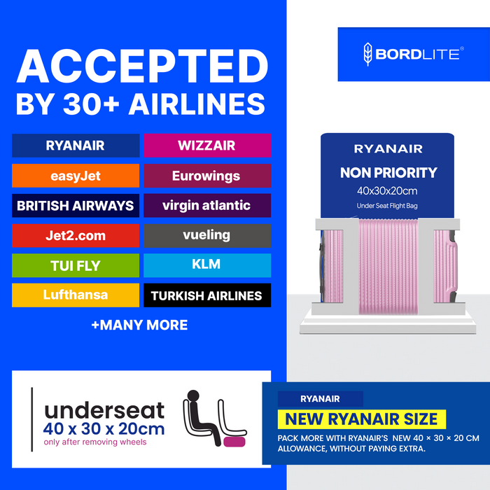Bordlite Ryanair 40x30x20cm Underseat Carry On Suitcase with Removable Wheels | Extra Packing Space & Cabin Size Fit | Lightweight Luggage