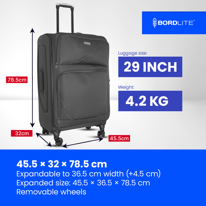 Bordlite Softshell Spinner Suitcase Black - Expandable Travel Luggage with 360 Wheels, Combination Lock, Telescopic Handle and Front Pockets