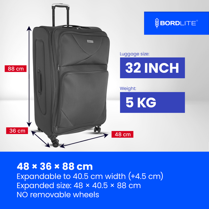 Bordlite Softshell Spinner Suitcase Black - Expandable Travel Luggage with 360 Wheels, Combination Lock, Telescopic Handle and Front Pockets