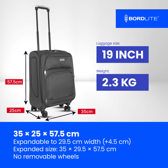 Bordlite Softshell Spinner Suitcase Black - Expandable Travel Luggage with 360 Wheels, Combination Lock, Telescopic Handle and Front Pockets
