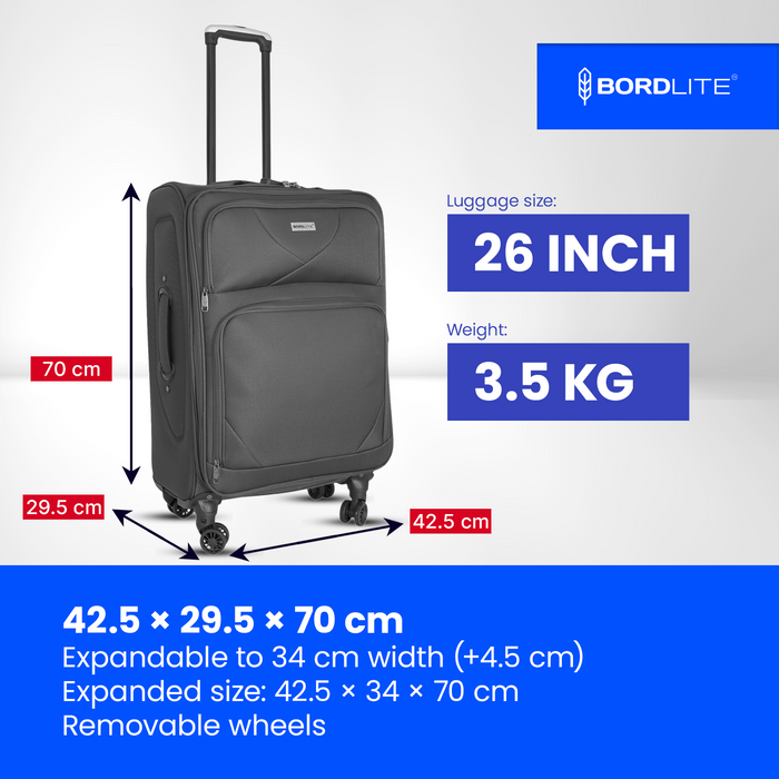 Bordlite Softshell Spinner Suitcase Black - Expandable Travel Luggage with 360 Wheels, Combination Lock, Telescopic Handle and Front Pockets