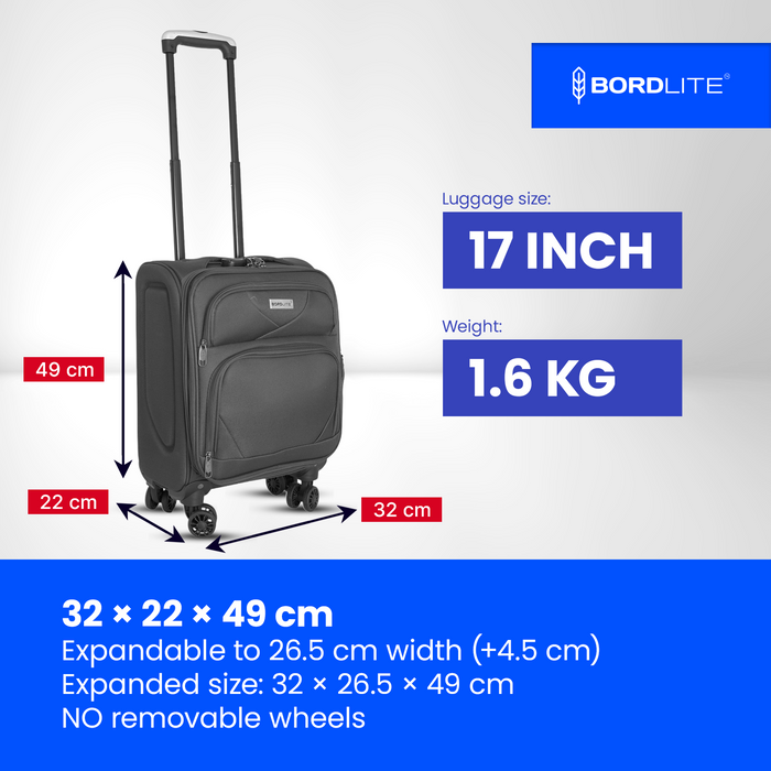 Bordlite Softshell Spinner Suitcase Black - Expandable Travel Luggage with 360 Wheels, Combination Lock, Telescopic Handle and Front Pockets