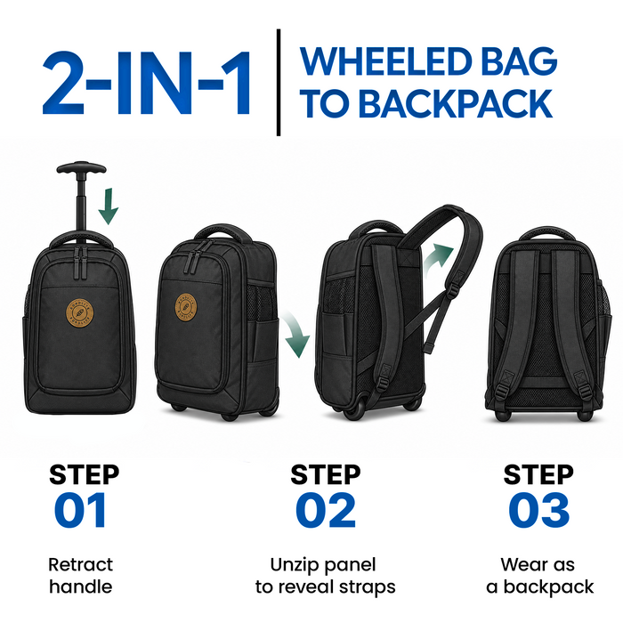Bordlite Ryanair Cabin Approved Wheeled Backpack 40x25x20cm - 2 in 1 Wheeled Holdall + Backpack - 20L