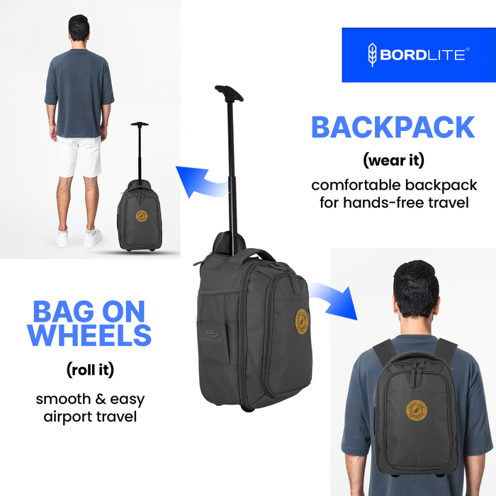 Bordlite Ryanair Cabin Approved Wheeled Backpack 40x25x20cm - 2 in 1 Wheeled Holdall + Backpack - 20L