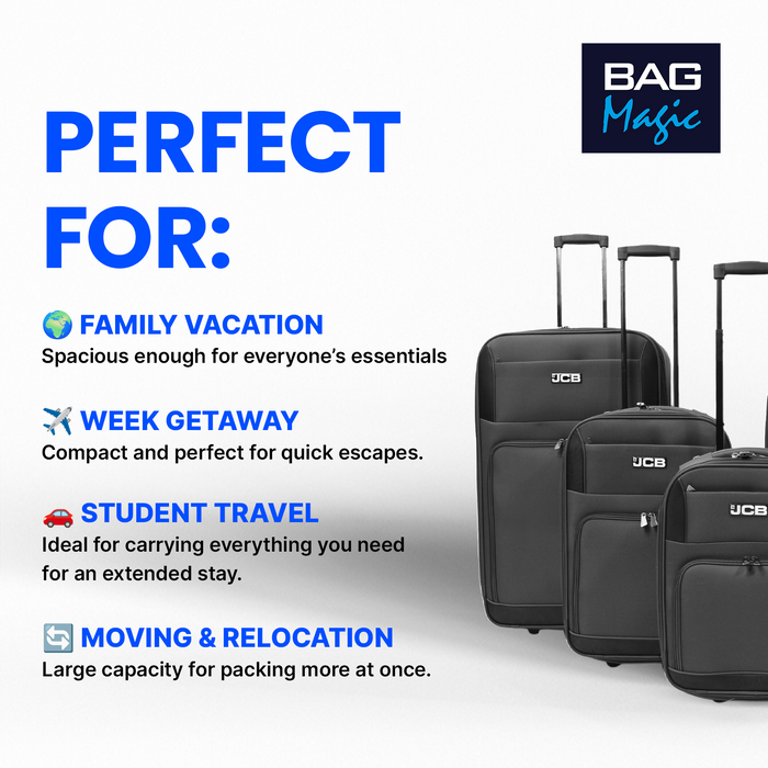 JCB Black Lightweight Soft-Sided Durable 2-Wheel Suitcase with Telescopic Handle