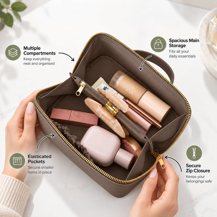 Nicole Brown Small Makeup Bag for Women 19x10x10cm – Compact Cosmetic Organiser with Compartments & Brush Holders – Travel Toiletry Case with Zipped Pocket & Carry Handle