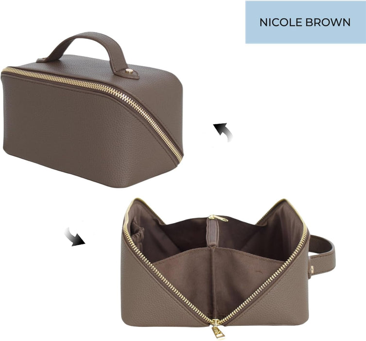 Nicole Brown Small Makeup Bag for Women 19x10x10cm – Compact Cosmetic Organiser with Compartments & Brush Holders – Travel Toiletry Case with Zipped Pocket & Carry Handle