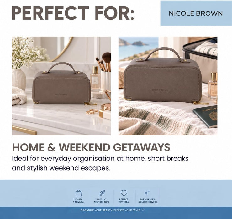 Nicole Brown Small Makeup Bag for Women 19x10x10cm – Compact Cosmetic Organiser with Compartments & Brush Holders – Travel Toiletry Case with Zipped Pocket & Carry Handle