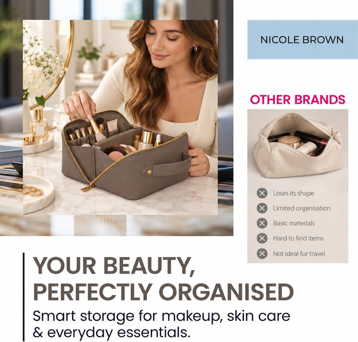 Nicole Brown Small Makeup Bag for Women 19x10x10cm – Compact Cosmetic Organiser with Compartments & Brush Holders – Travel Toiletry Case with Zipped Pocket & Carry Handle