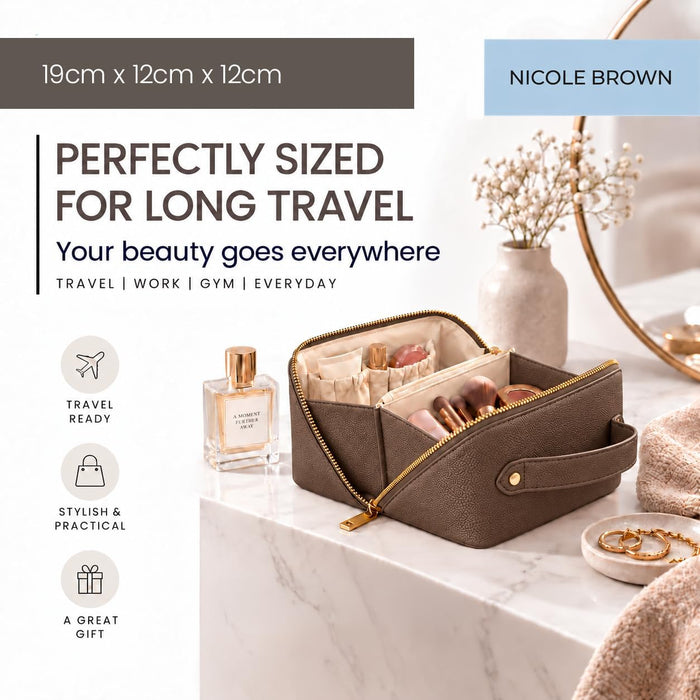 Nicole Brown Small Makeup Bag for Women 19x10x10cm – Compact Cosmetic Organiser with Compartments & Brush Holders – Travel Toiletry Case with Zipped Pocket & Carry Handle