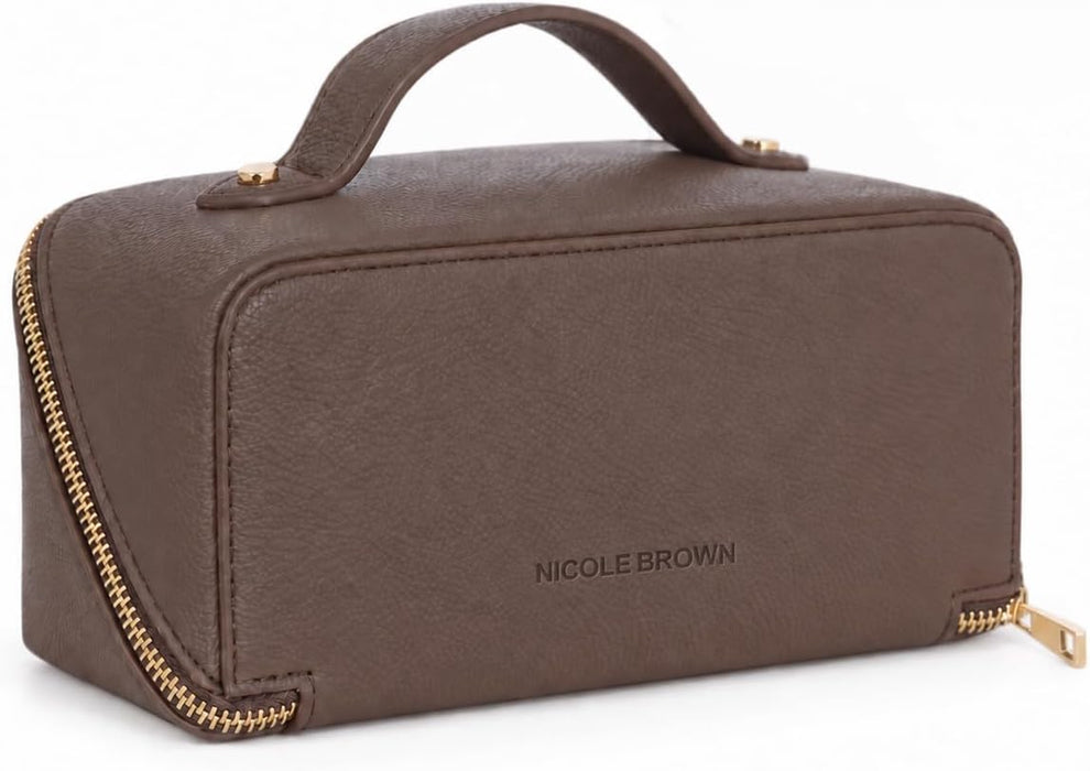 Nicole Brown Small Makeup Bag for Women 19x10x10cm – Compact Cosmetic Organiser with Compartments & Brush Holders – Travel Toiletry Case with Zipped Pocket & Carry Handle