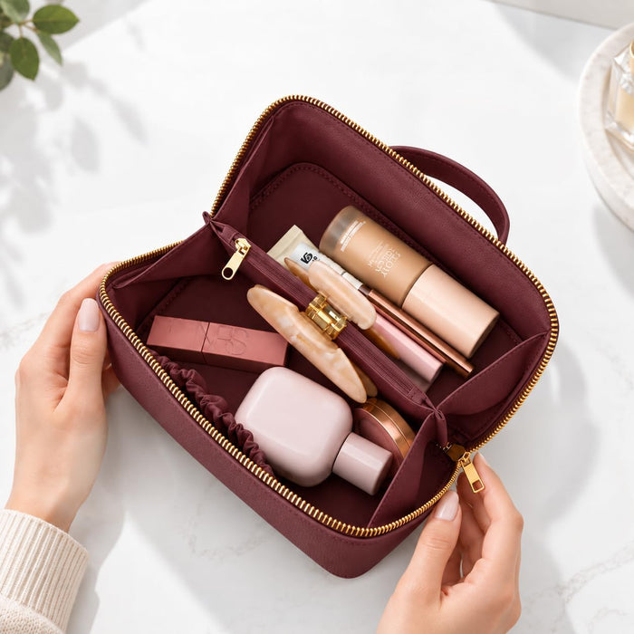 Nicole Brown Small Makeup Bag for Women 19x10x10cm – Compact Cosmetic Organiser with Compartments & Brush Holders – Travel Toiletry Case with Zipped Pocket & Carry Handle