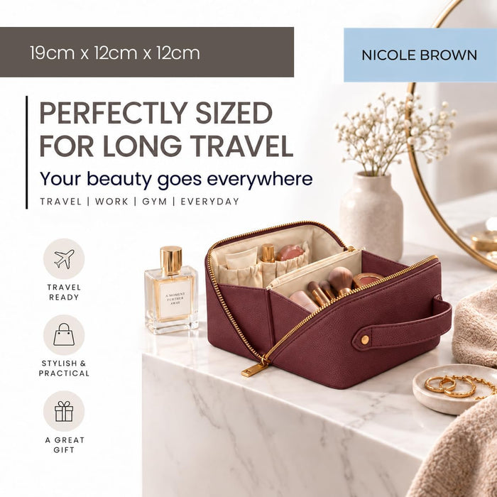 Nicole Brown Small Makeup Bag for Women 19x10x10cm – Compact Cosmetic Organiser with Compartments & Brush Holders – Travel Toiletry Case with Zipped Pocket & Carry Handle