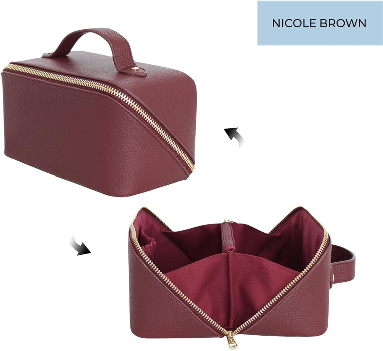 Nicole Brown Small Makeup Bag for Women 19x10x10cm – Compact Cosmetic Organiser with Compartments & Brush Holders – Travel Toiletry Case with Zipped Pocket & Carry Handle