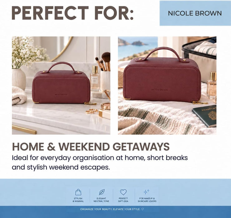 Nicole Brown Small Makeup Bag for Women 19x10x10cm – Compact Cosmetic Organiser with Compartments & Brush Holders – Travel Toiletry Case with Zipped Pocket & Carry Handle