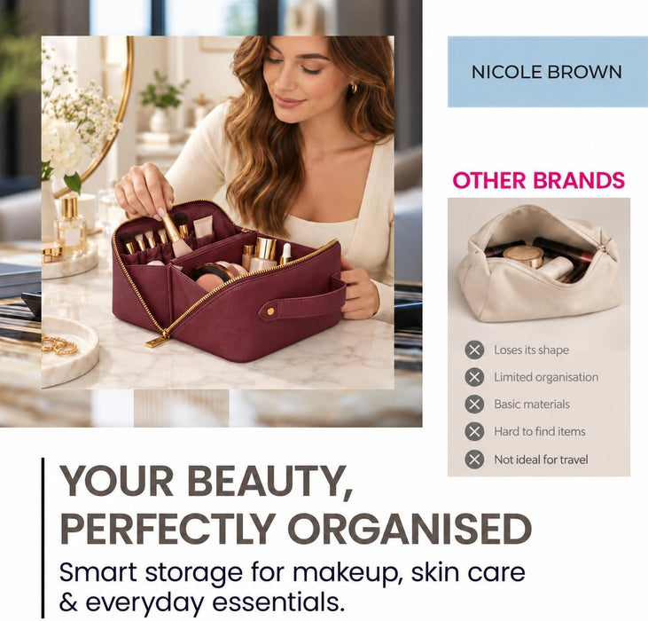 Nicole Brown Small Makeup Bag for Women 19x10x10cm – Compact Cosmetic Organiser with Compartments & Brush Holders – Travel Toiletry Case with Zipped Pocket & Carry Handle