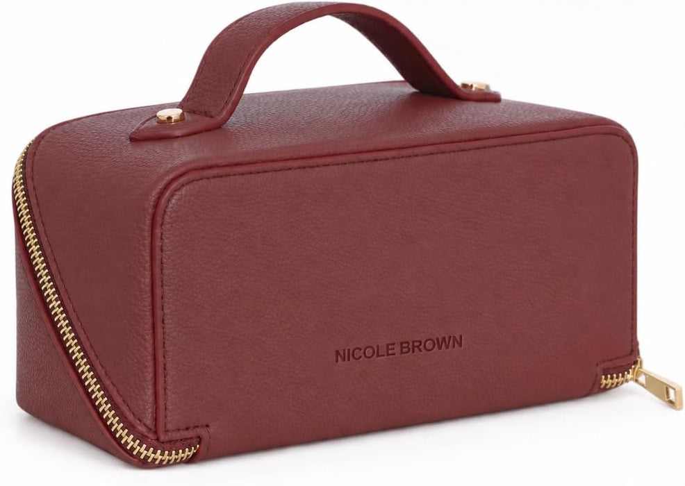 Nicole Brown Small Makeup Bag for Women 19x10x10cm – Compact Cosmetic Organiser with Compartments & Brush Holders – Travel Toiletry Case with Zipped Pocket & Carry Handle